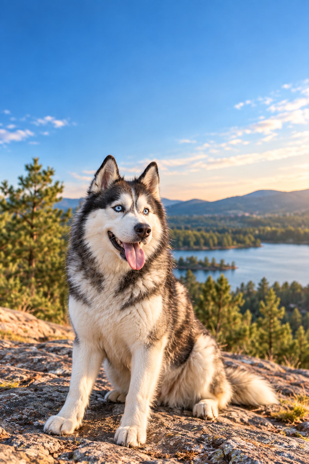 A happy husky beside a lake